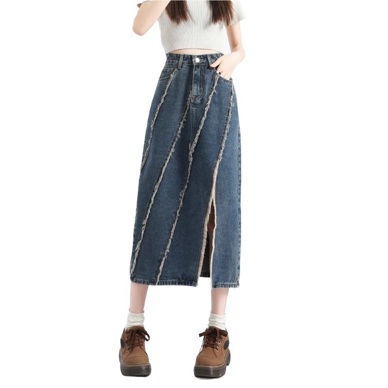 Womens  Denim | Arabella Distressed Denim Midi Skirt Clothing BLUE WASHED