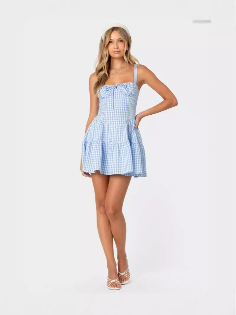 Womens  Dresses | Basil Cupped Gingham Mini Dress Clothing BLUE AND WHITE