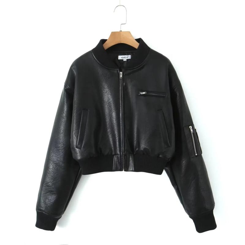 Womens  Jackets & Coats | Cropped Faux Leather Bomber Jacket Clothing BLACK