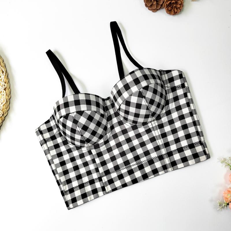 Womens  Tops | Gingham Lace Up Cupped Corset Clothing BLACK AND WHITE