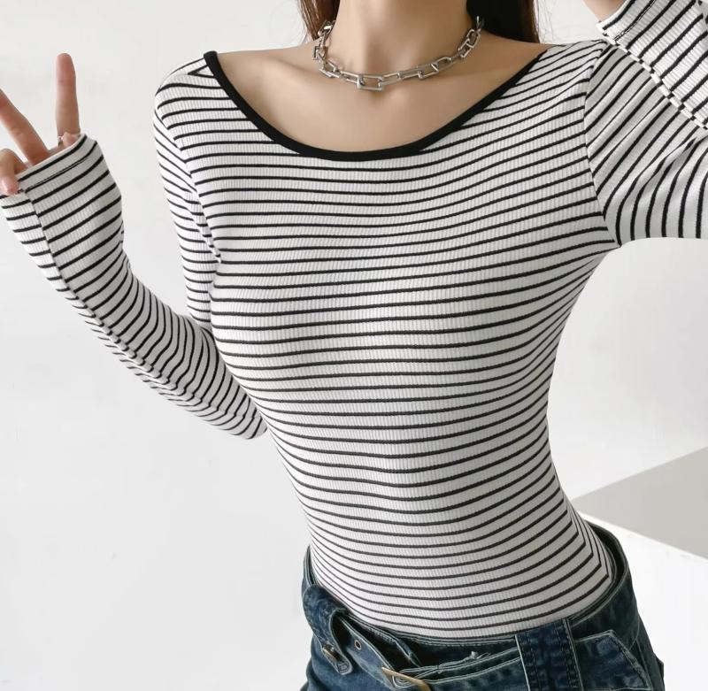 Womens  Tops | Striped Scoop Back Long Sleeve Top Clothing BLACK AND WHITE